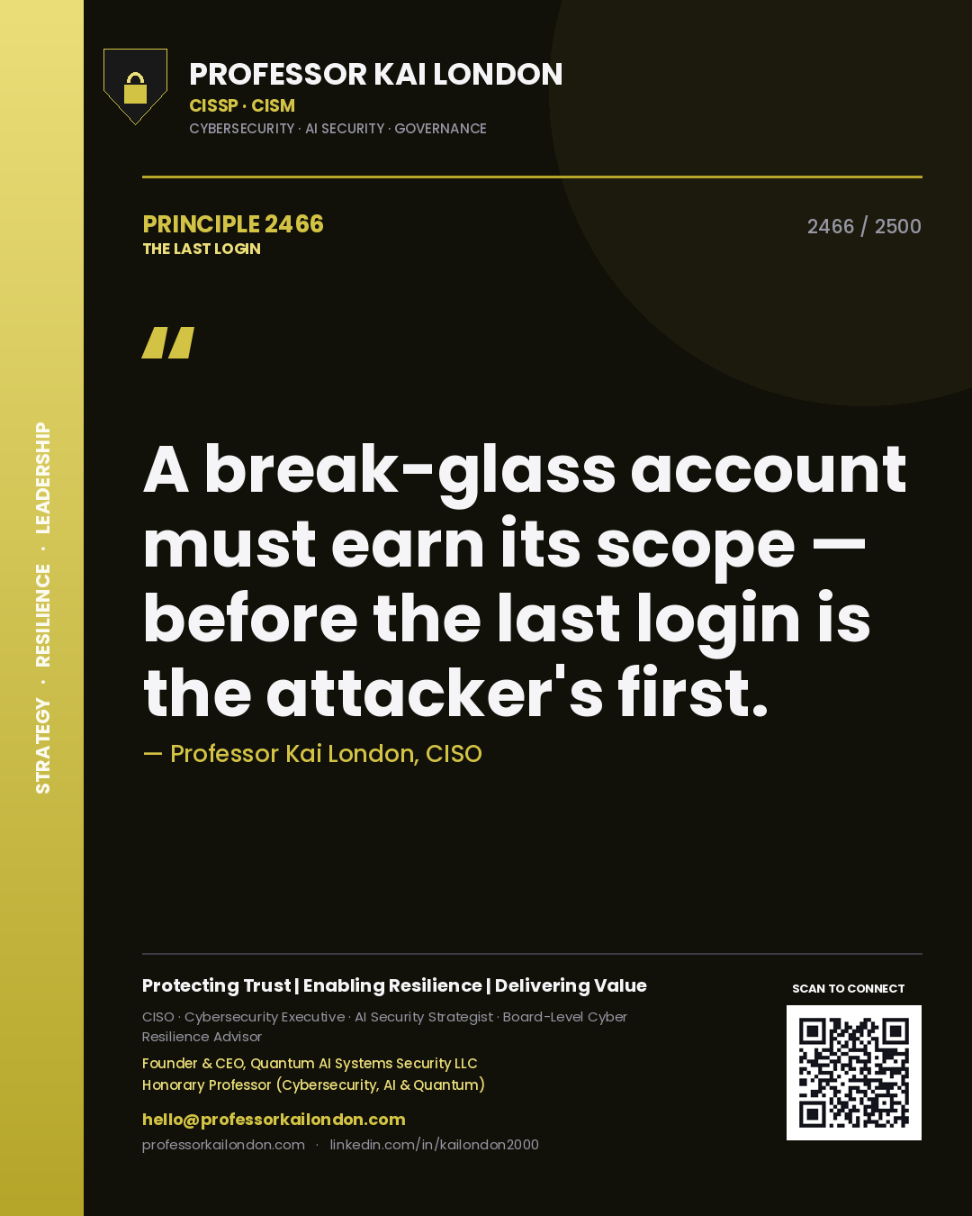 Professor Kai London principle 2466: A break-glass account must earn its scope — before the last login is the attacker's first.