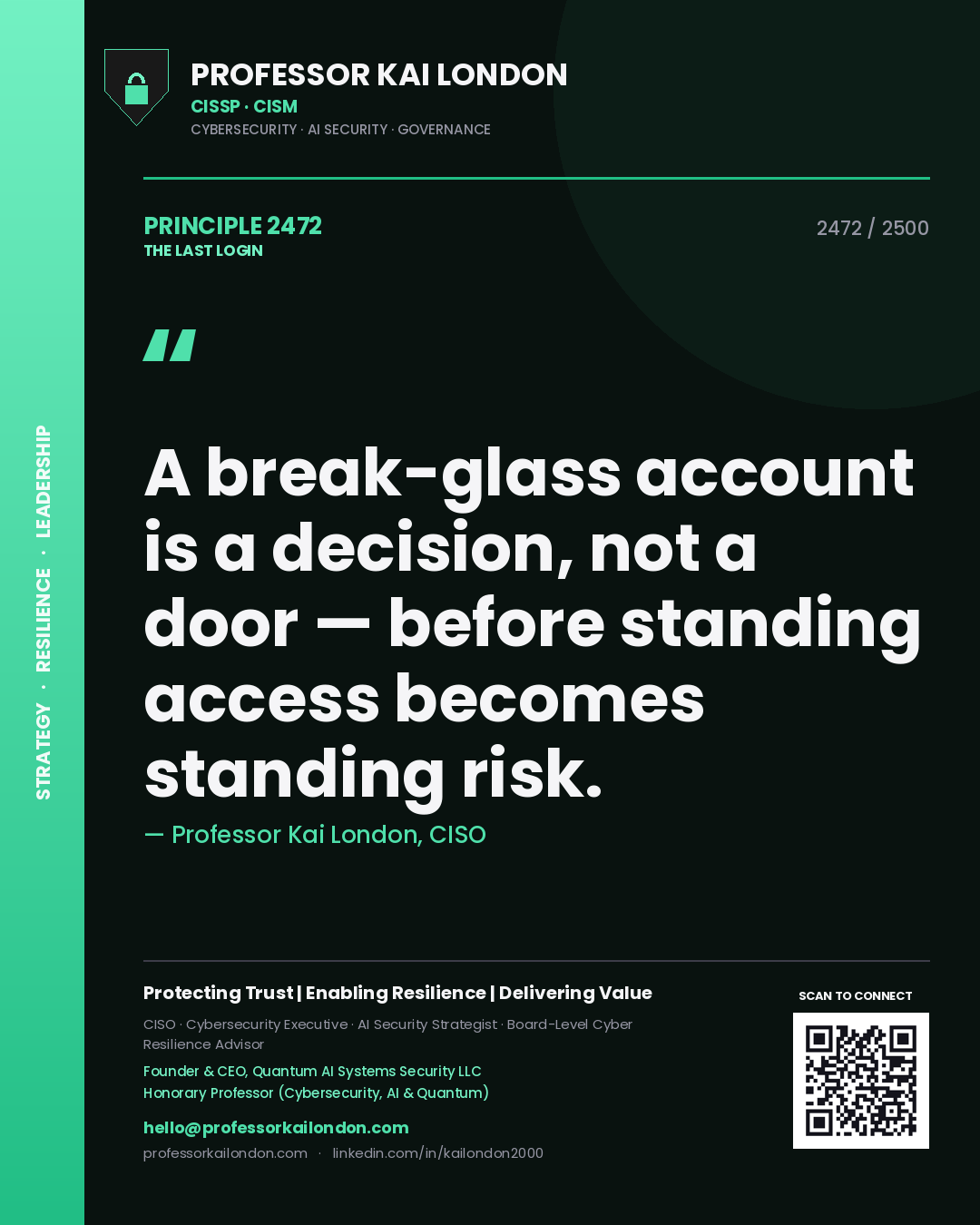 Professor Kai London principle 2472: A break-glass account is a decision, not a door — before standing access becomes standing risk.