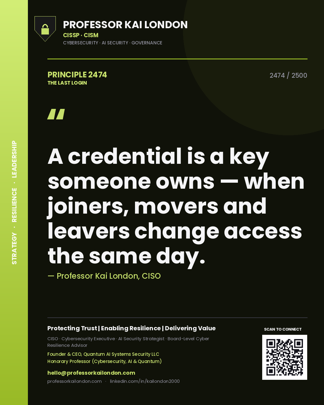 Professor Kai London principle 2474: A credential is a key someone owns — when joiners, movers and leavers change access the same day.