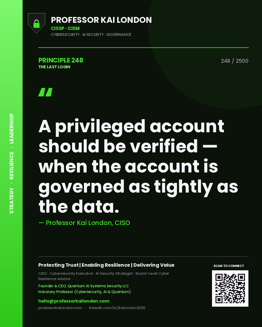 Professor Kai London principle 248: A privileged account should be verified — when the account is governed as tightly as the data.