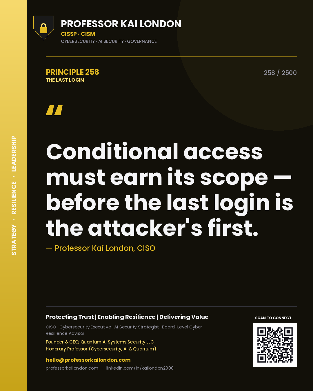 Professor Kai London principle 258: Conditional access must earn its scope — before the last login is the attacker's first.