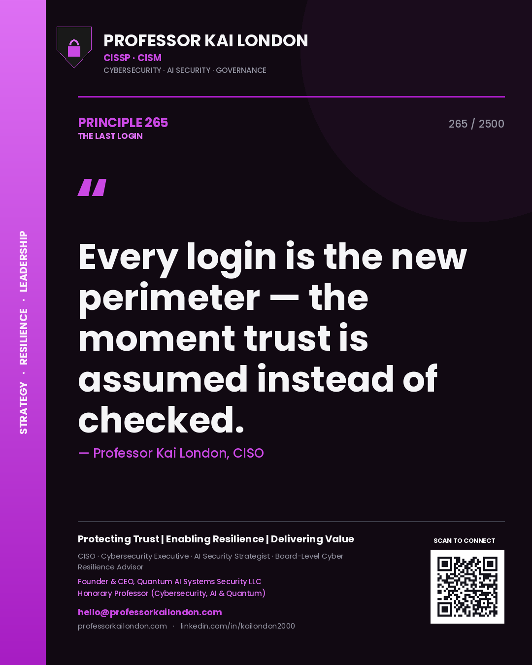 Professor Kai London principle 265: Every login is the new perimeter — the moment trust is assumed instead of checked.