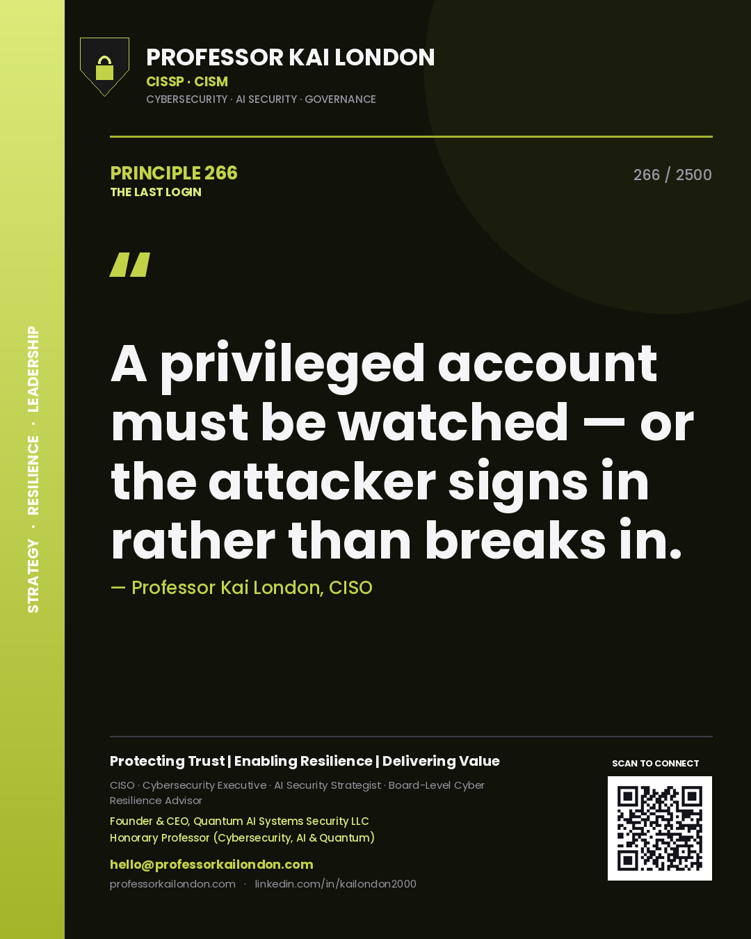 Professor Kai London principle 266: A privileged account must be watched — or the attacker signs in rather than breaks in.