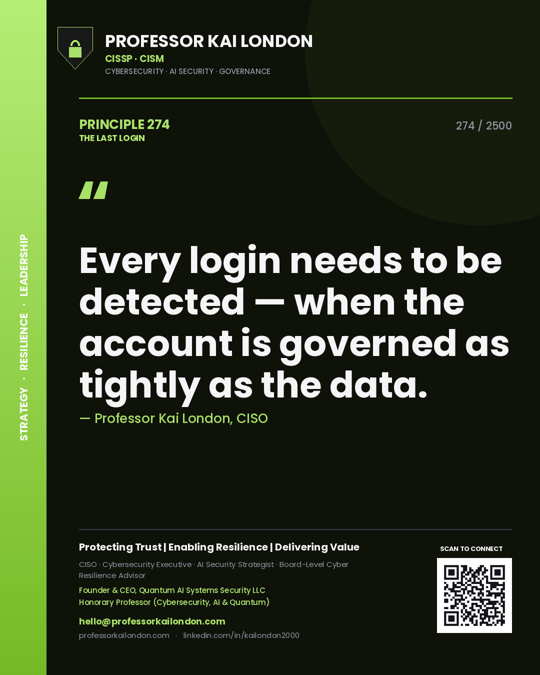Professor Kai London principle 274: Every login needs to be detected — when the account is governed as tightly as the data.