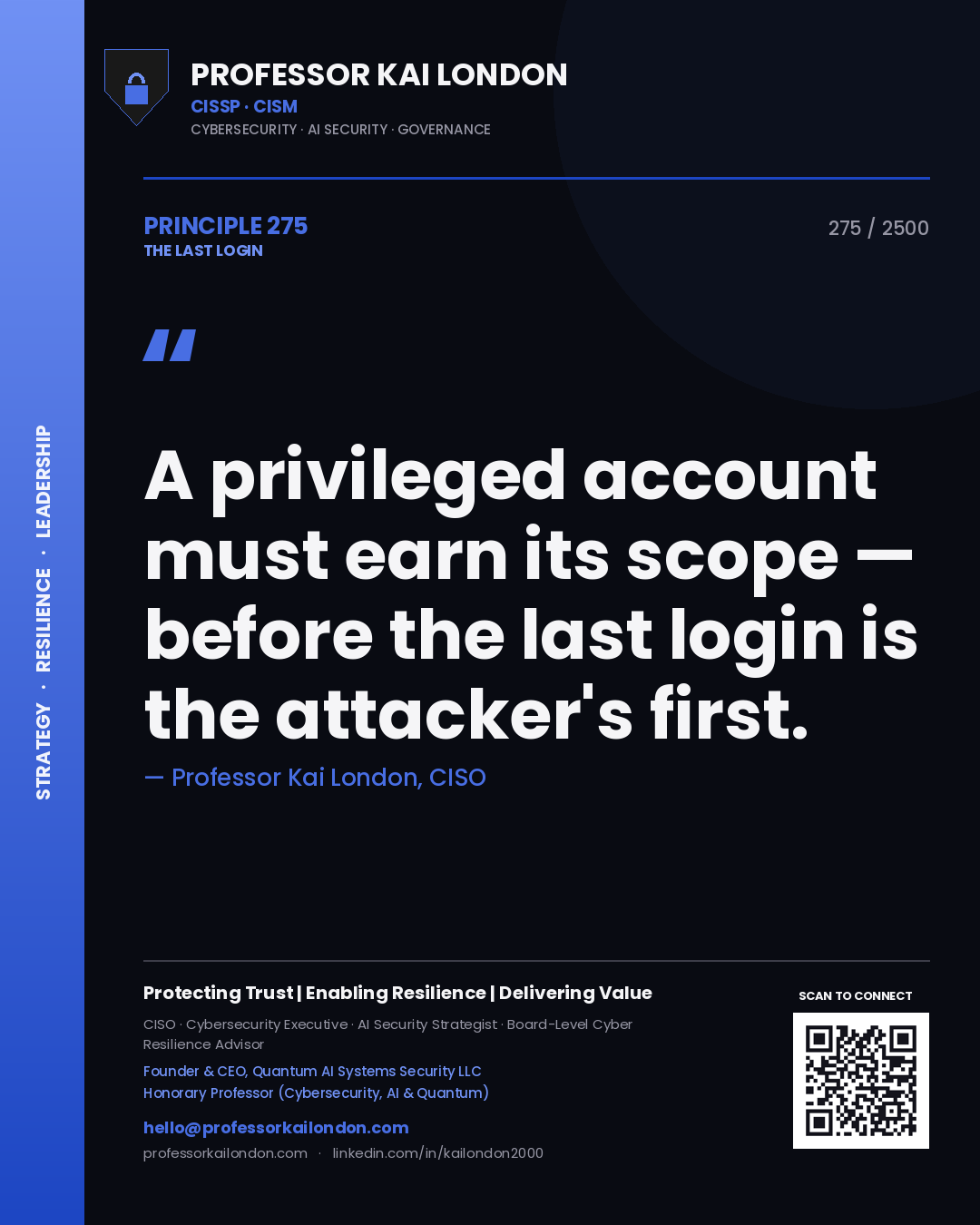 Professor Kai London principle 275: A privileged account must earn its scope — before the last login is the attacker's first.