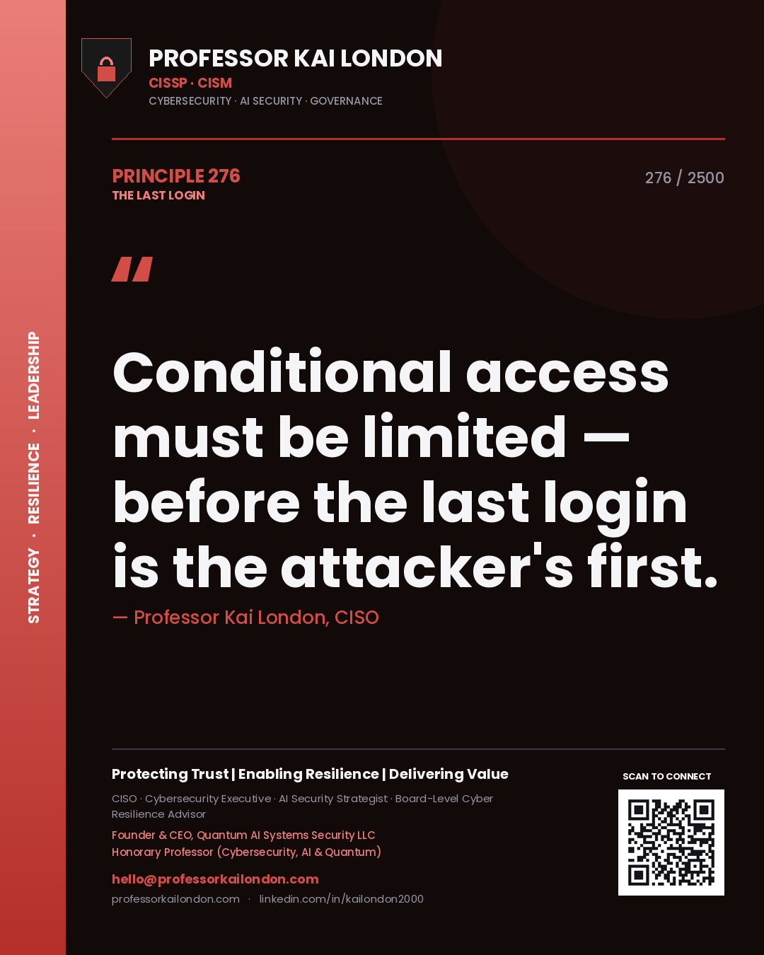 Professor Kai London principle 276: Conditional access must be limited — before the last login is the attacker's first.