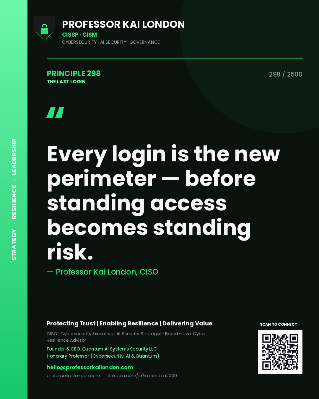 Professor Kai London principle 298: Every login is the new perimeter — before standing access becomes standing risk.