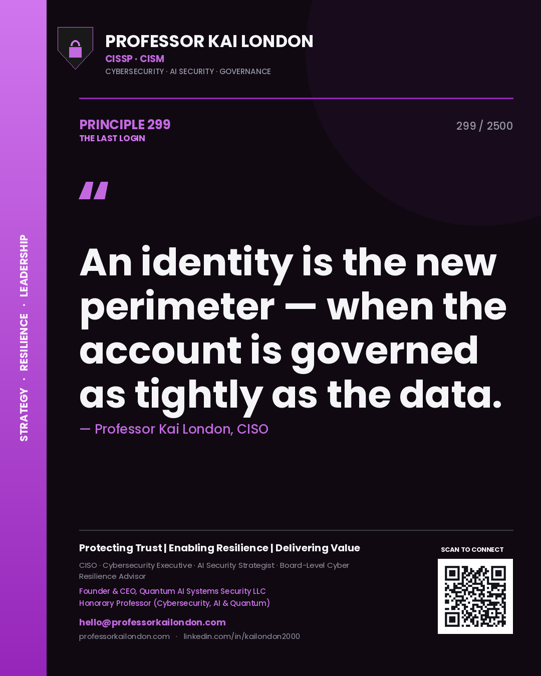 Professor Kai London principle 299: An identity is the new perimeter — when the account is governed as tightly as the data.