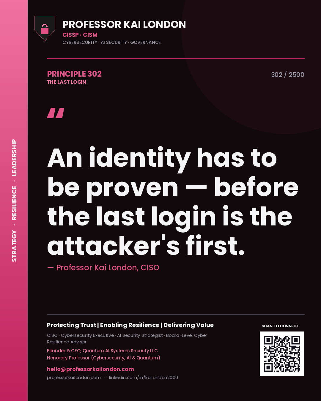Professor Kai London principle 302: An identity has to be proven — before the last login is the attacker's first.