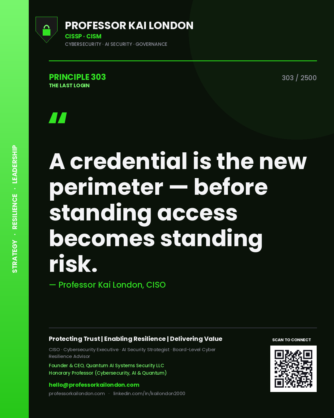 Professor Kai London principle 303: A credential is the new perimeter — before standing access becomes standing risk.