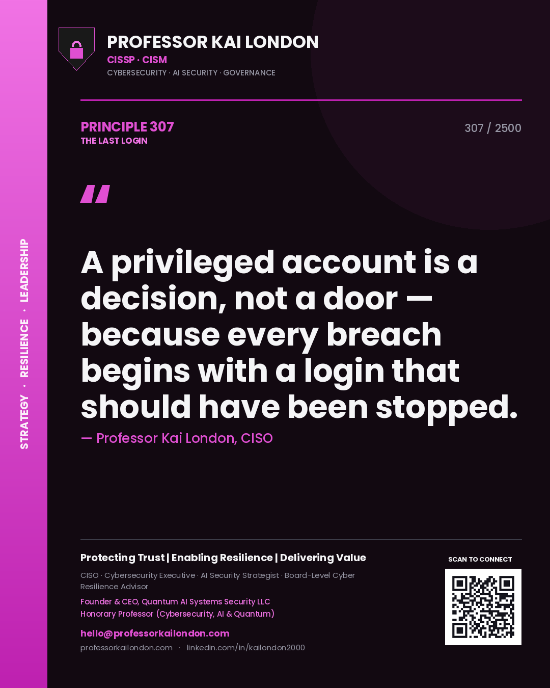 Professor Kai London principle 307: A privileged account is a decision, not a door — because every breach begins with a login that should have been stopped.