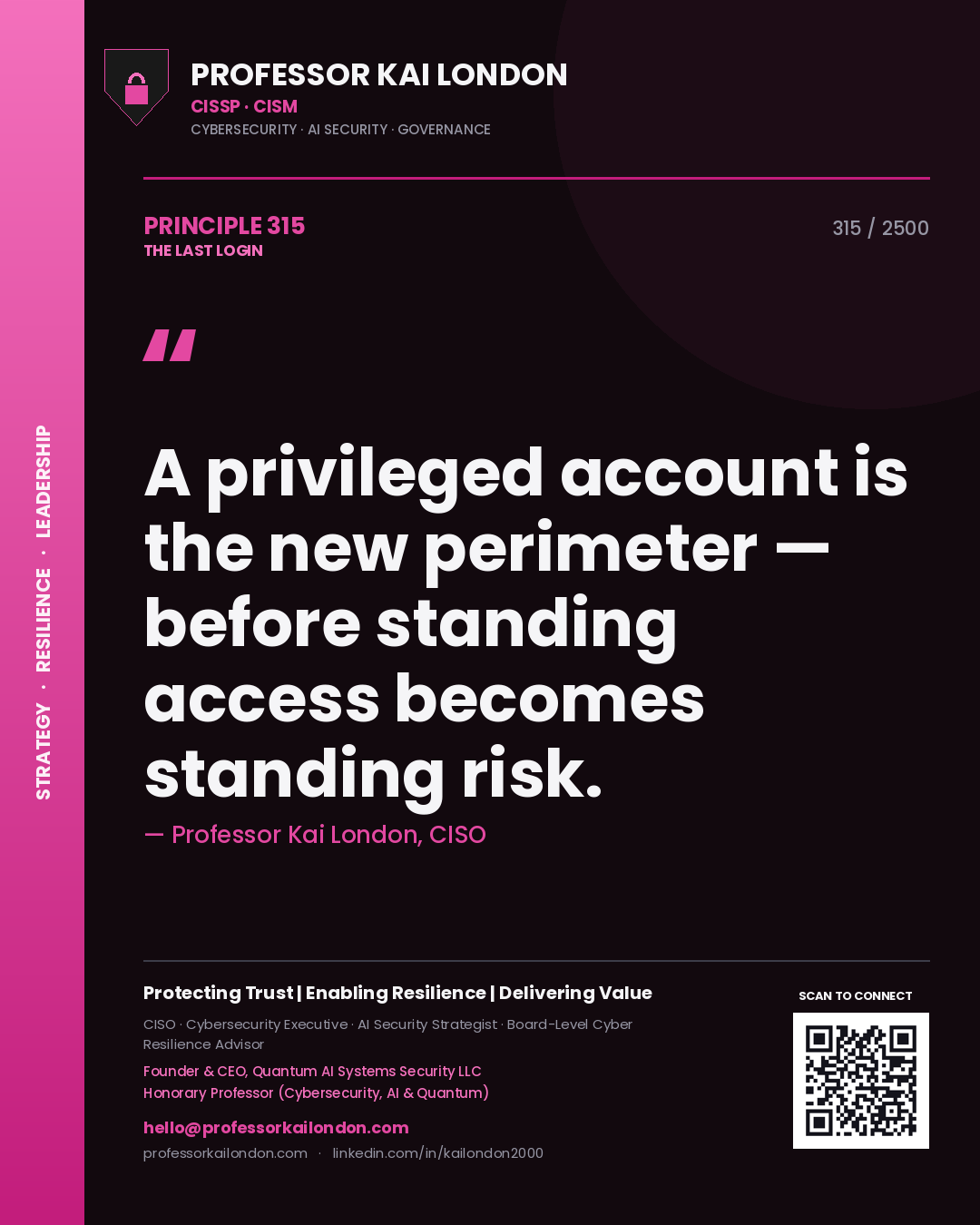 Professor Kai London principle 315: A privileged account is the new perimeter — before standing access becomes standing risk.