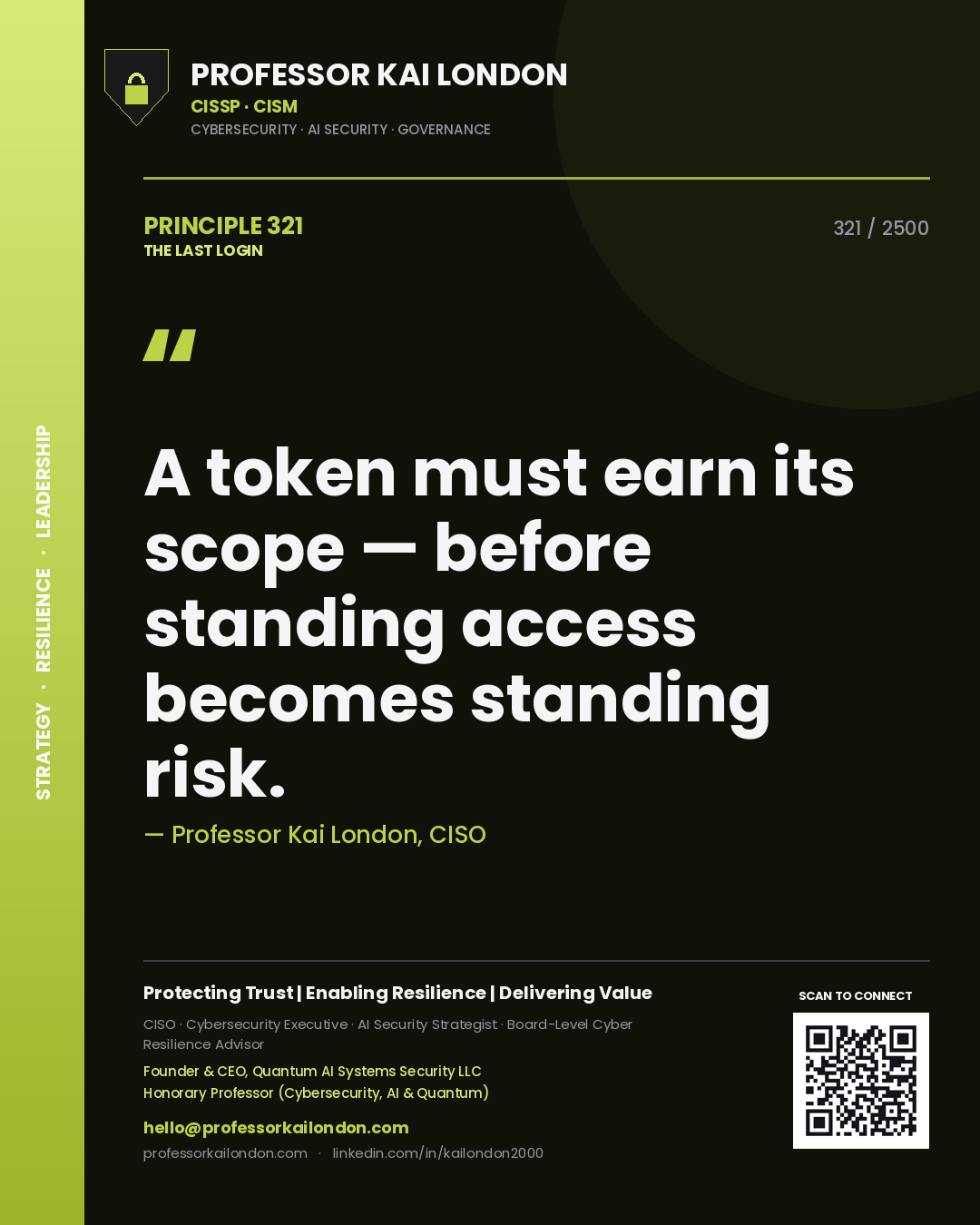 Professor Kai London principle 321: A token must earn its scope — before standing access becomes standing risk.