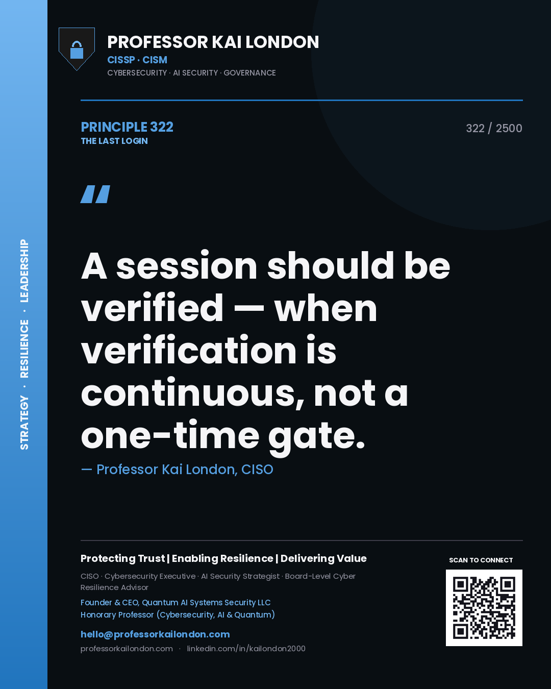 Professor Kai London principle 322: A session should be verified — when verification is continuous, not a one-time gate.