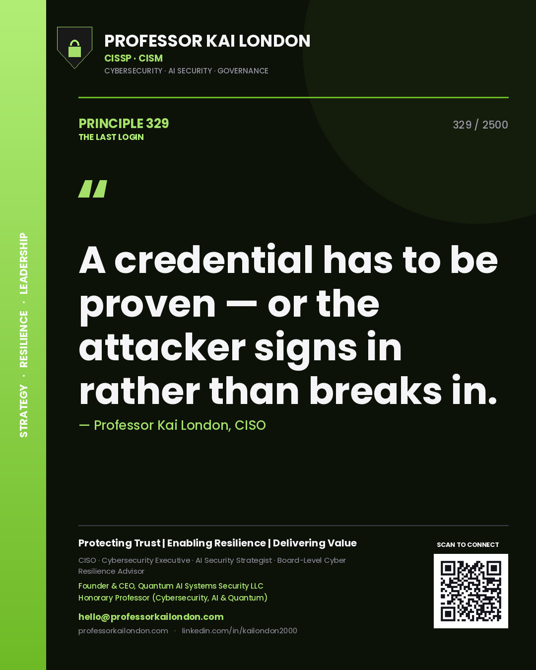 Professor Kai London principle 329: A credential has to be proven — or the attacker signs in rather than breaks in.
