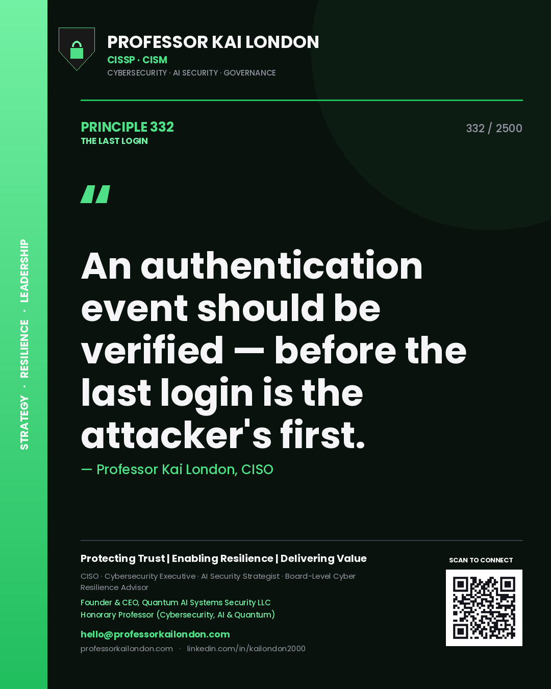 Professor Kai London principle 332: An authentication event should be verified — before the last login is the attacker's first.