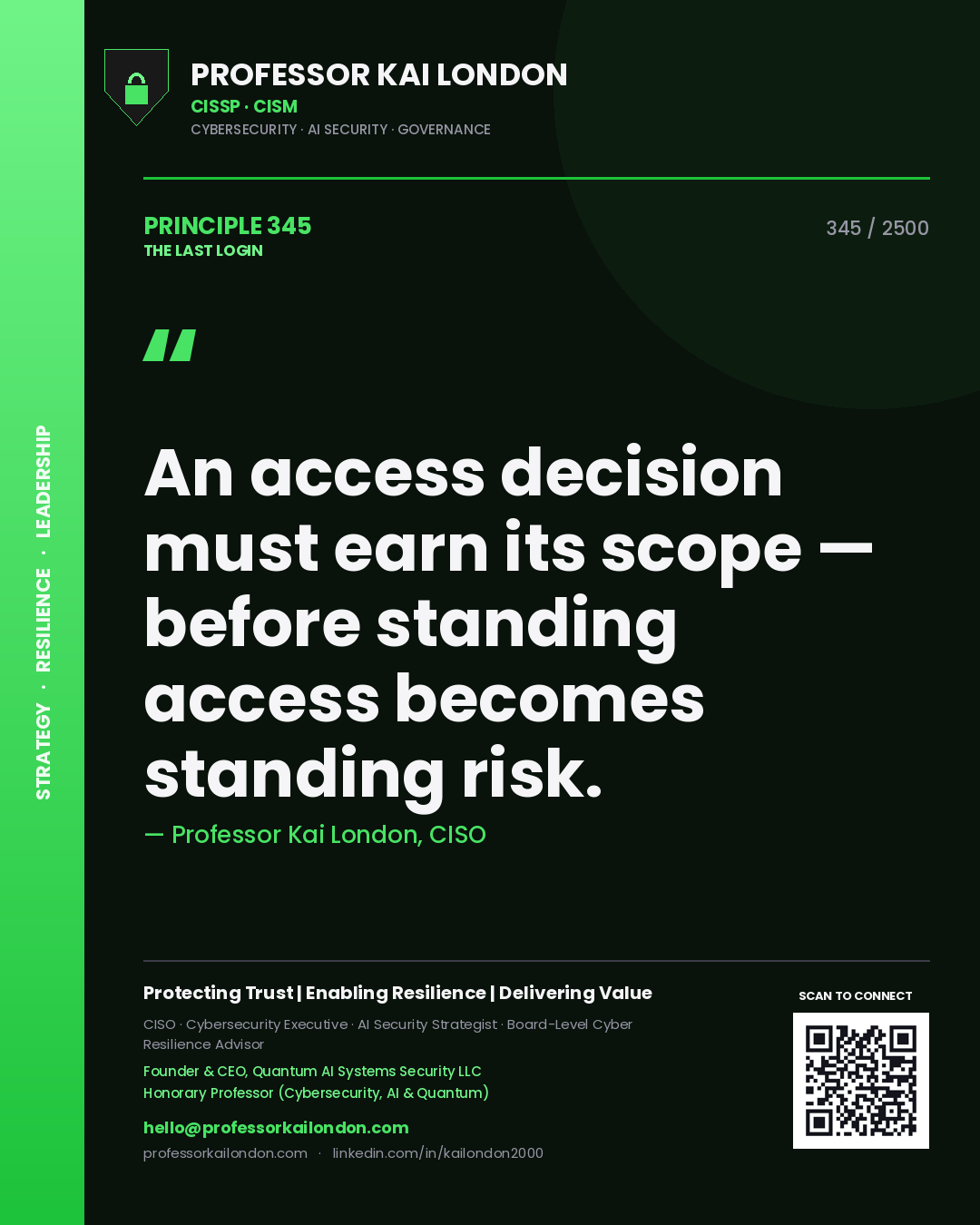 Professor Kai London principle 345: An access decision must earn its scope — before standing access becomes standing risk.