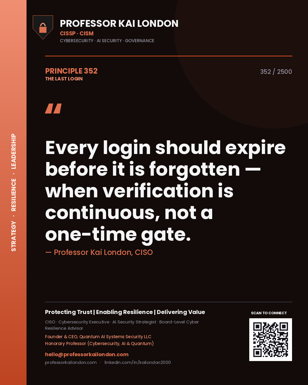 Professor Kai London principle 352: Every login should expire before it is forgotten — when verification is continuous, not a one-time gate.