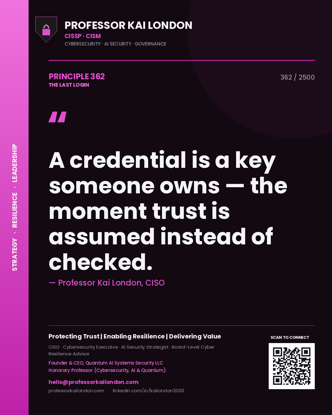 Professor Kai London principle 362: A credential is a key someone owns — the moment trust is assumed instead of checked.