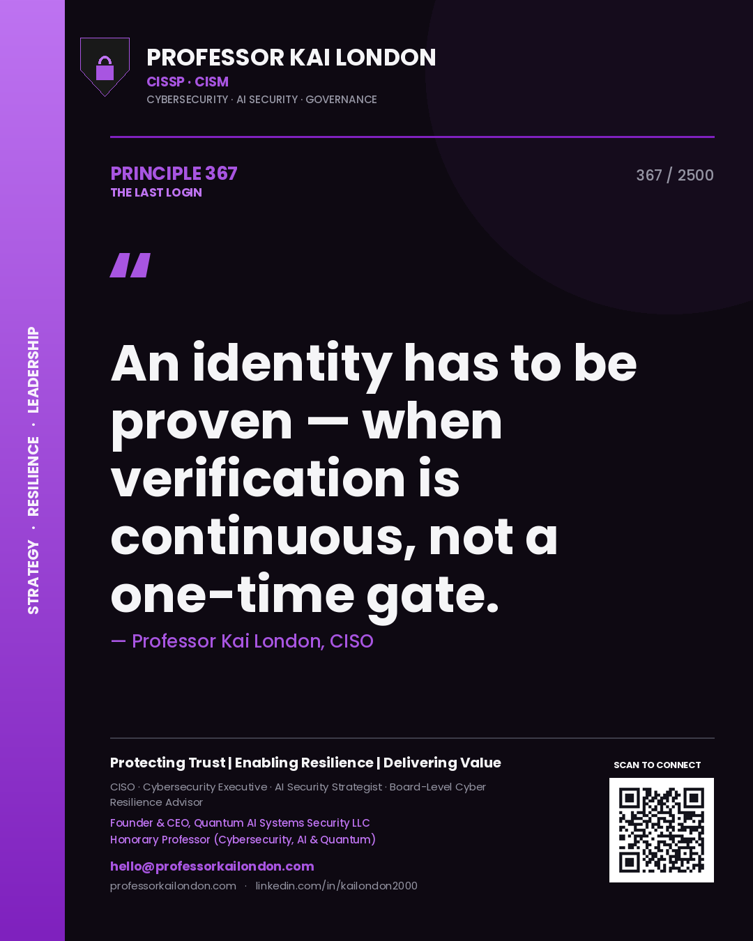 Professor Kai London principle 367: An identity has to be proven — when verification is continuous, not a one-time gate.
