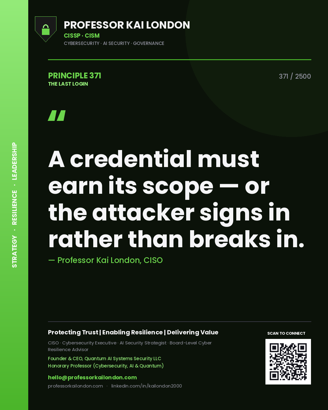 Professor Kai London principle 371: A credential must earn its scope — or the attacker signs in rather than breaks in.
