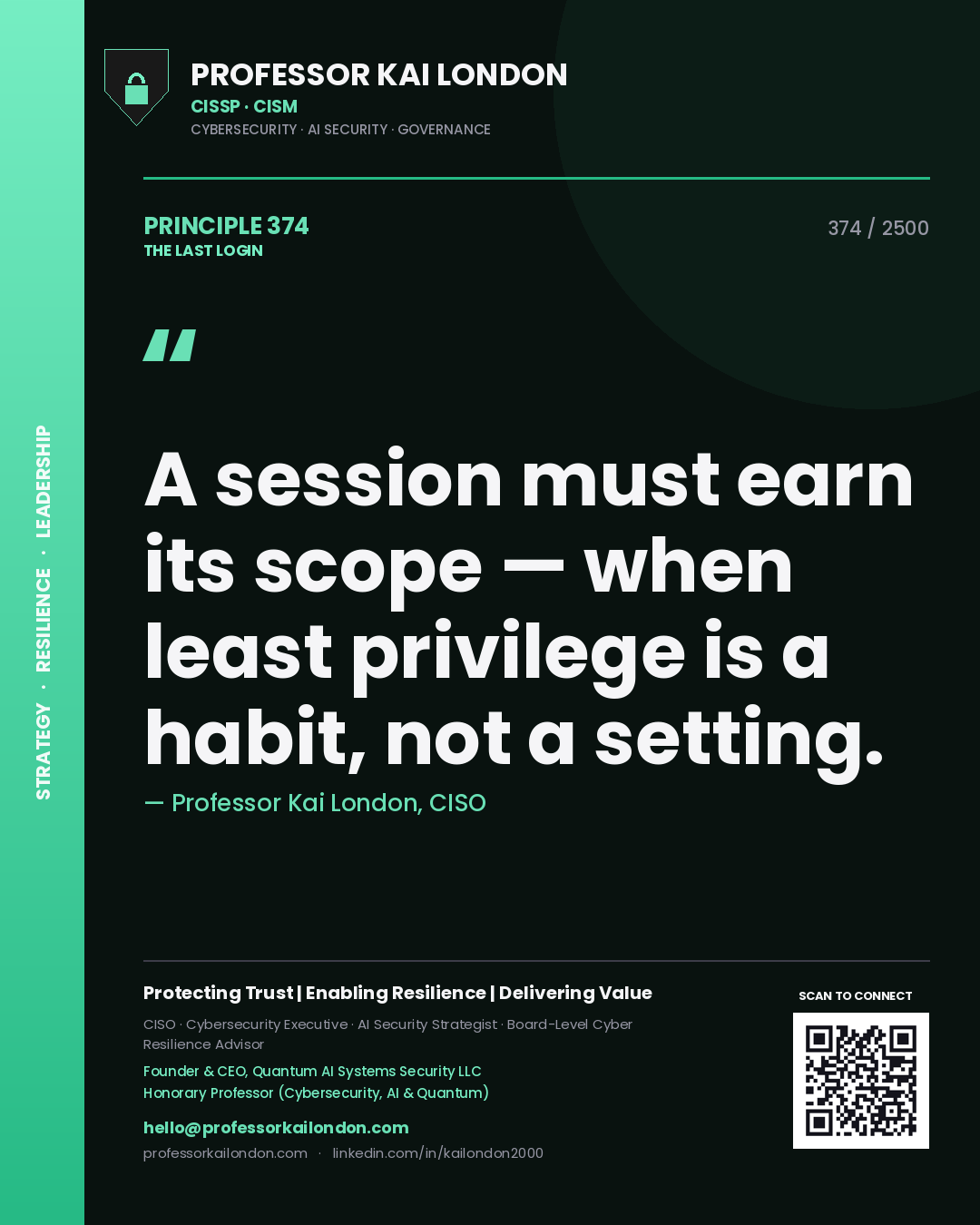 Professor Kai London principle 374: A session must earn its scope — when least privilege is a habit, not a setting.