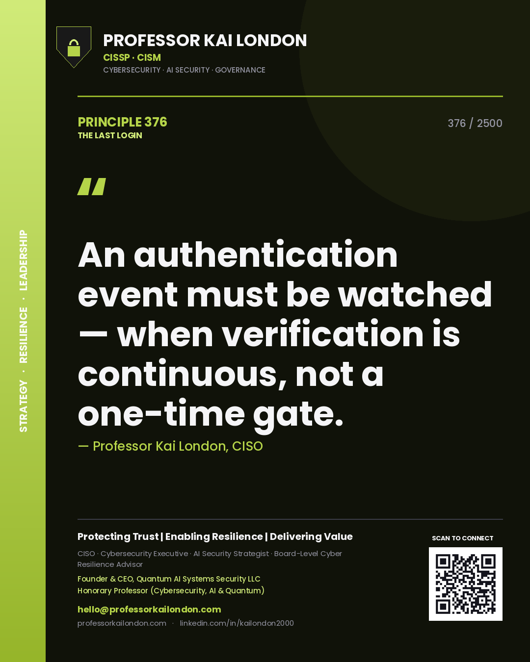 Professor Kai London principle 376: An authentication event must be watched — when verification is continuous, not a one-time gate.