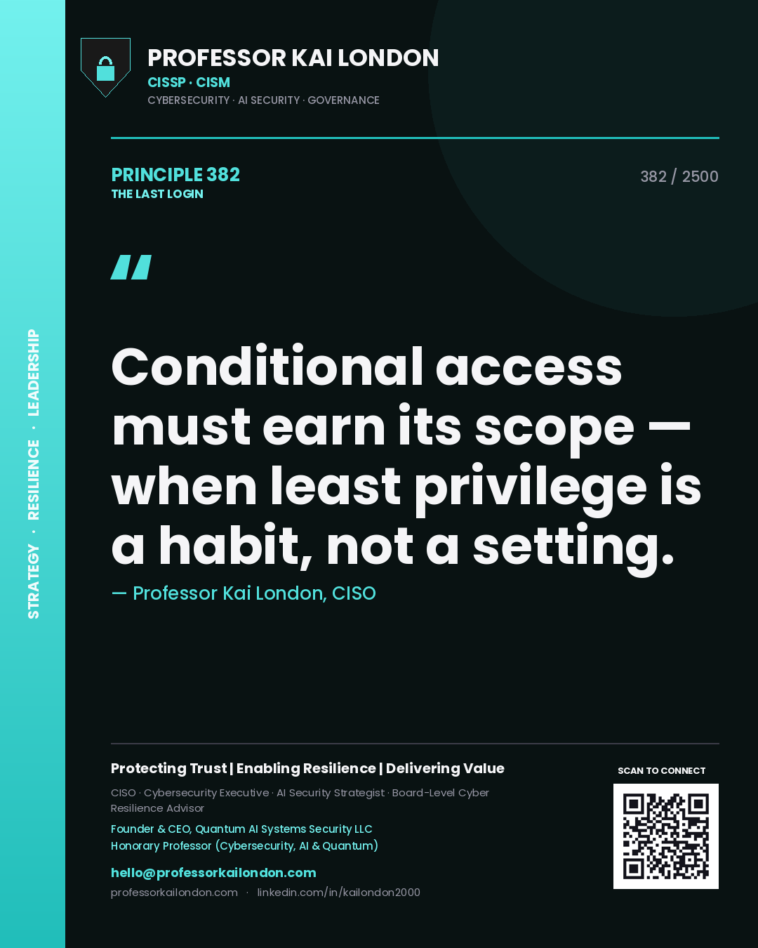 Professor Kai London principle 382: Conditional access must earn its scope — when least privilege is a habit, not a setting.