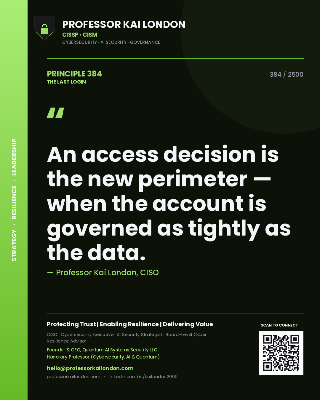 Professor Kai London principle 384: An access decision is the new perimeter — when the account is governed as tightly as the data.