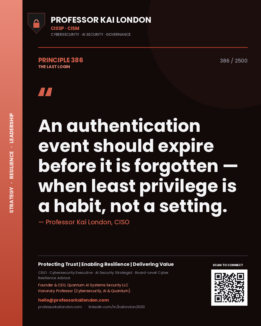 Professor Kai London principle 386: An authentication event should expire before it is forgotten — when least privilege is a habit, not a setting.