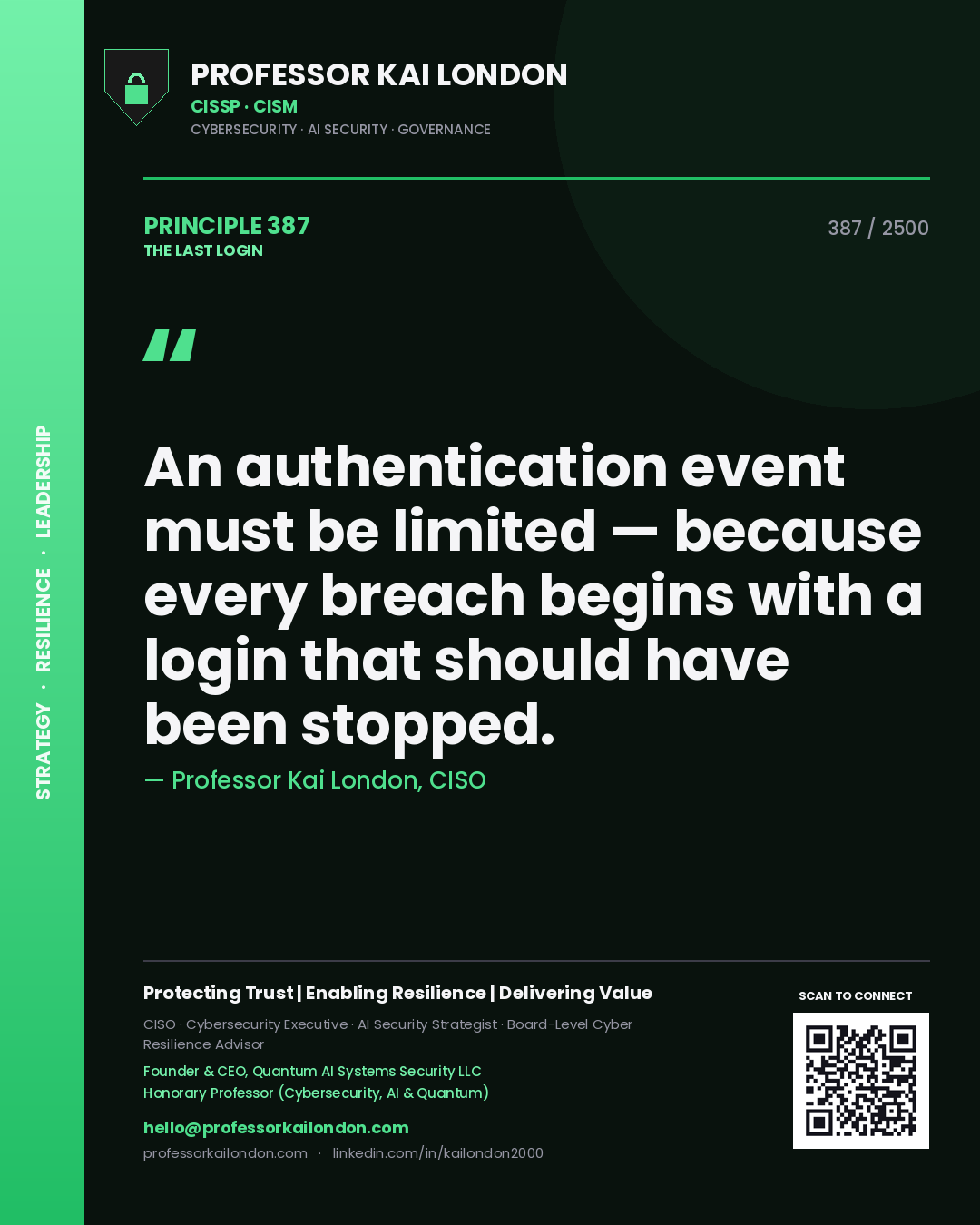 Professor Kai London principle 387: An authentication event must be limited — because every breach begins with a login that should have been stopped.