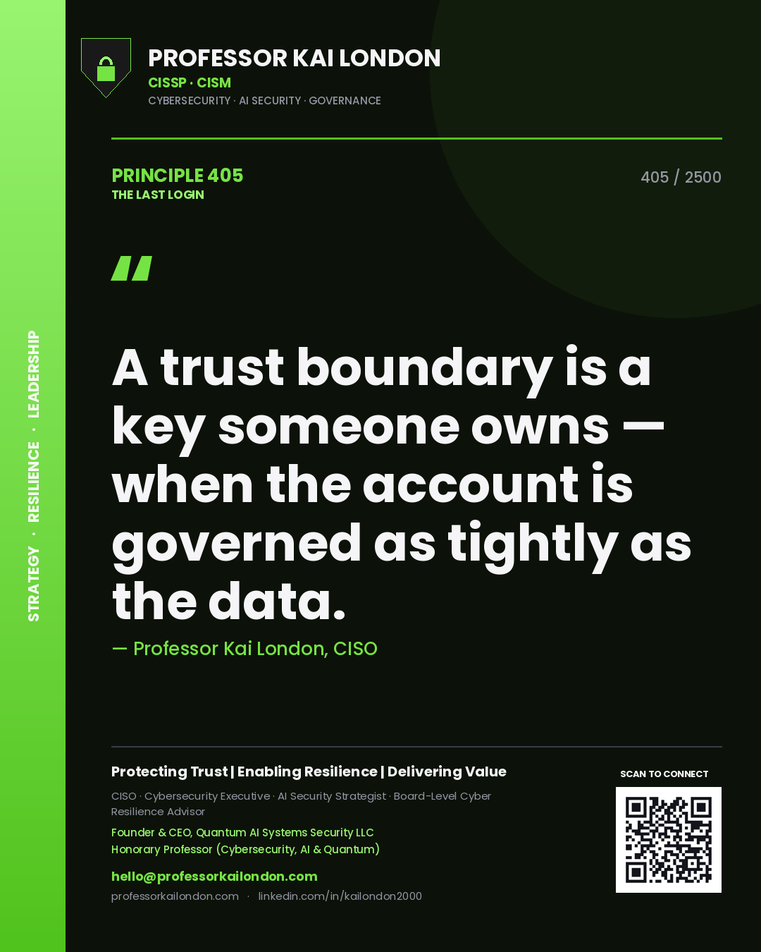 Professor Kai London principle 405: A trust boundary is a key someone owns — when the account is governed as tightly as the data.