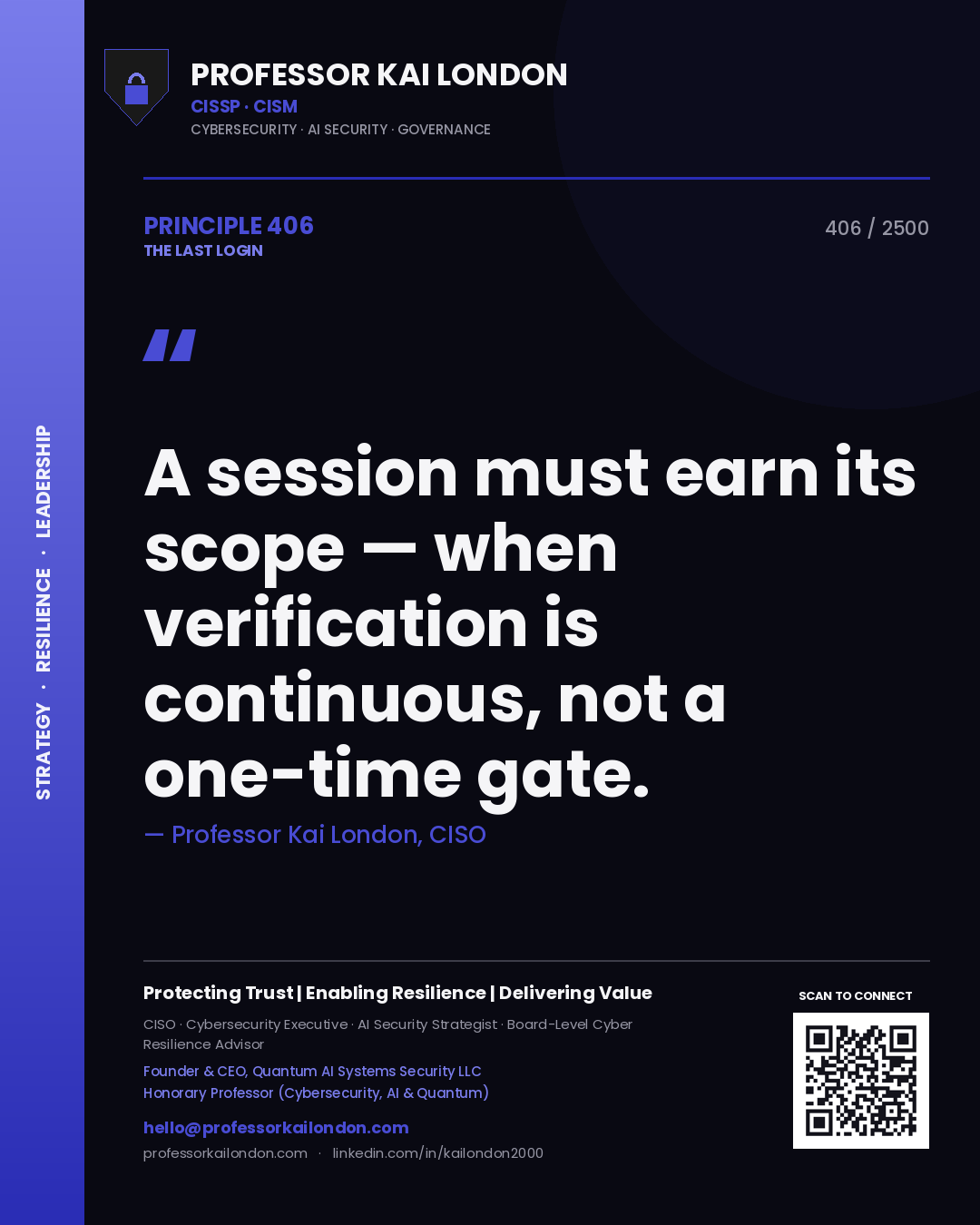 Professor Kai London principle 406: A session must earn its scope — when verification is continuous, not a one-time gate.
