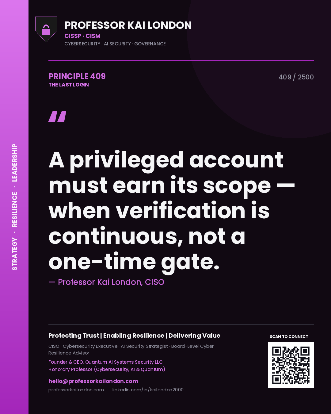 Professor Kai London principle 409: A privileged account must earn its scope — when verification is continuous, not a one-time gate.