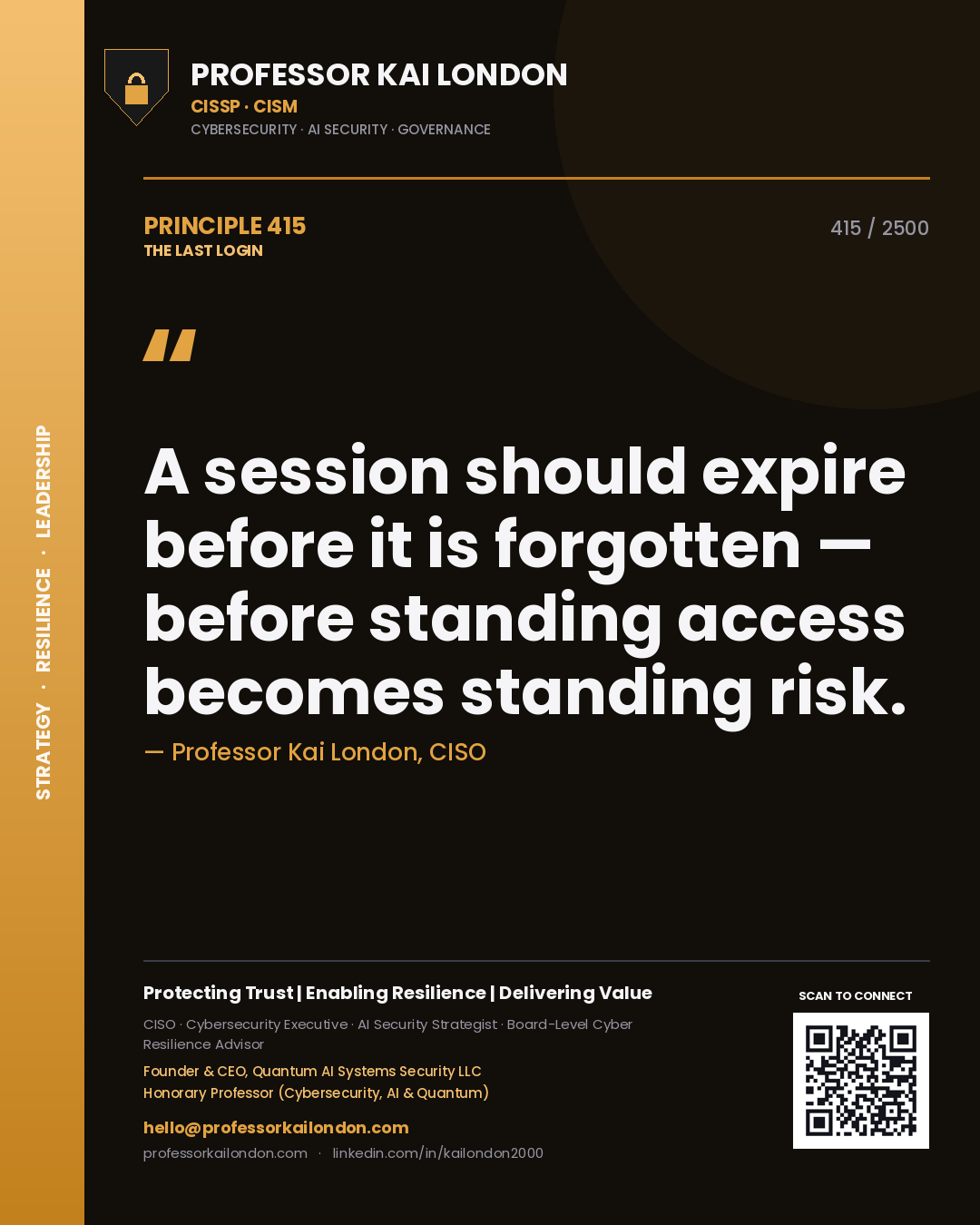 Professor Kai London principle 415: A session should expire before it is forgotten — before standing access becomes standing risk.