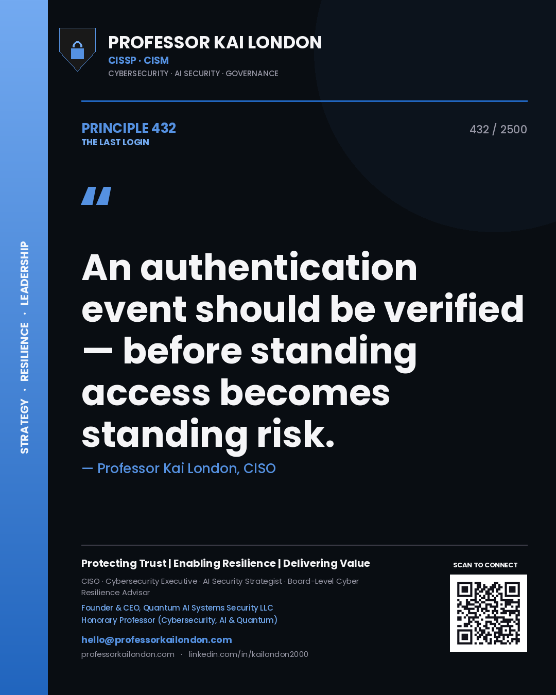 Professor Kai London principle 432: An authentication event should be verified — before standing access becomes standing risk.
