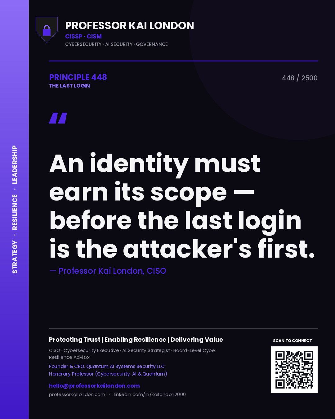 Professor Kai London principle 448: An identity must earn its scope — before the last login is the attacker's first.