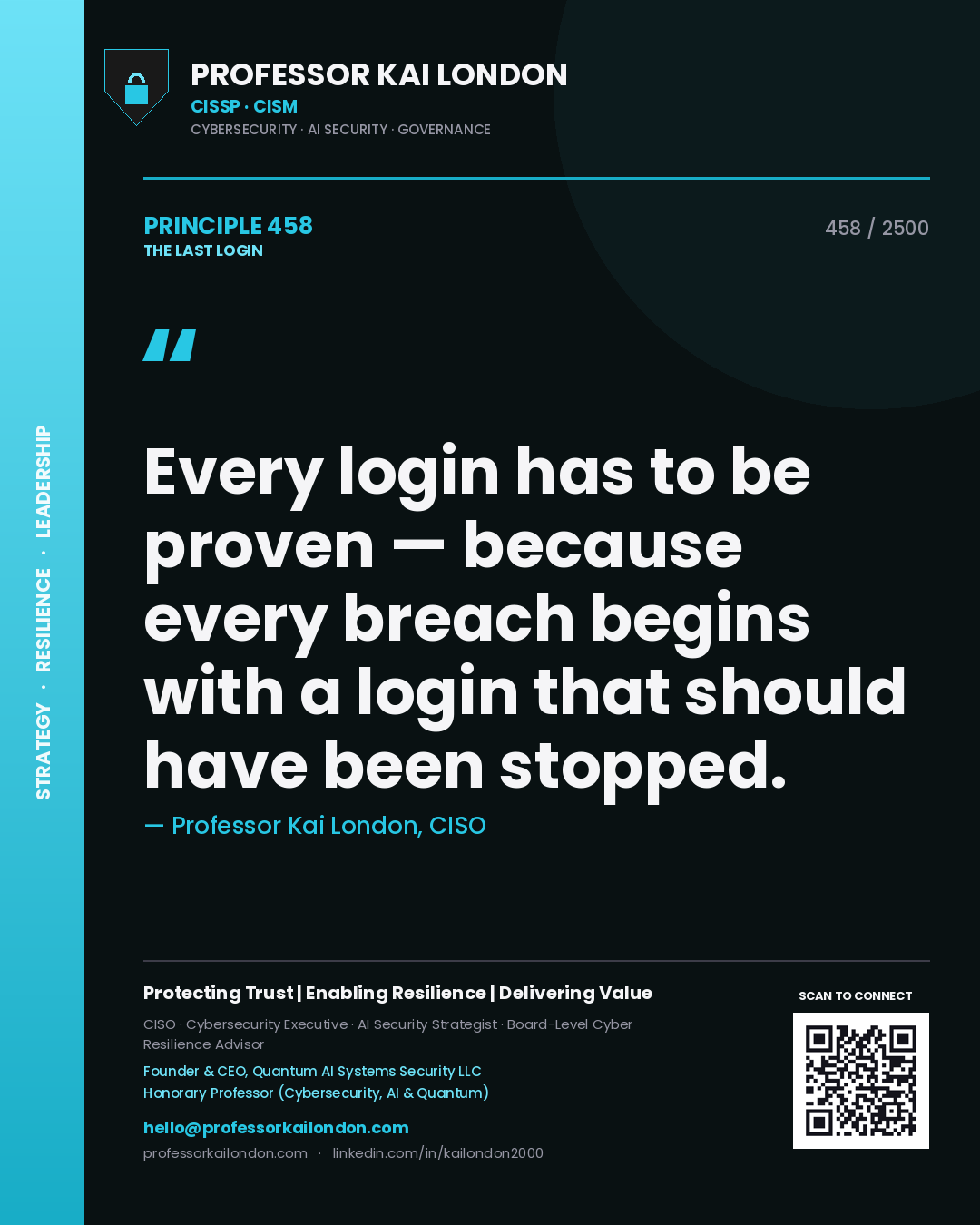Professor Kai London principle 458: Every login has to be proven — because every breach begins with a login that should have been stopped.