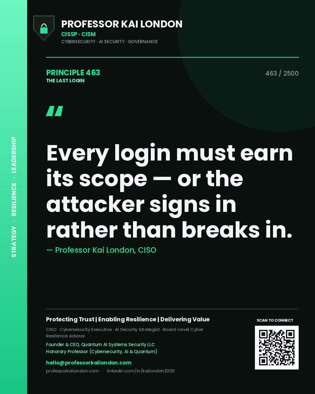 Professor Kai London principle 463: Every login must earn its scope — or the attacker signs in rather than breaks in.