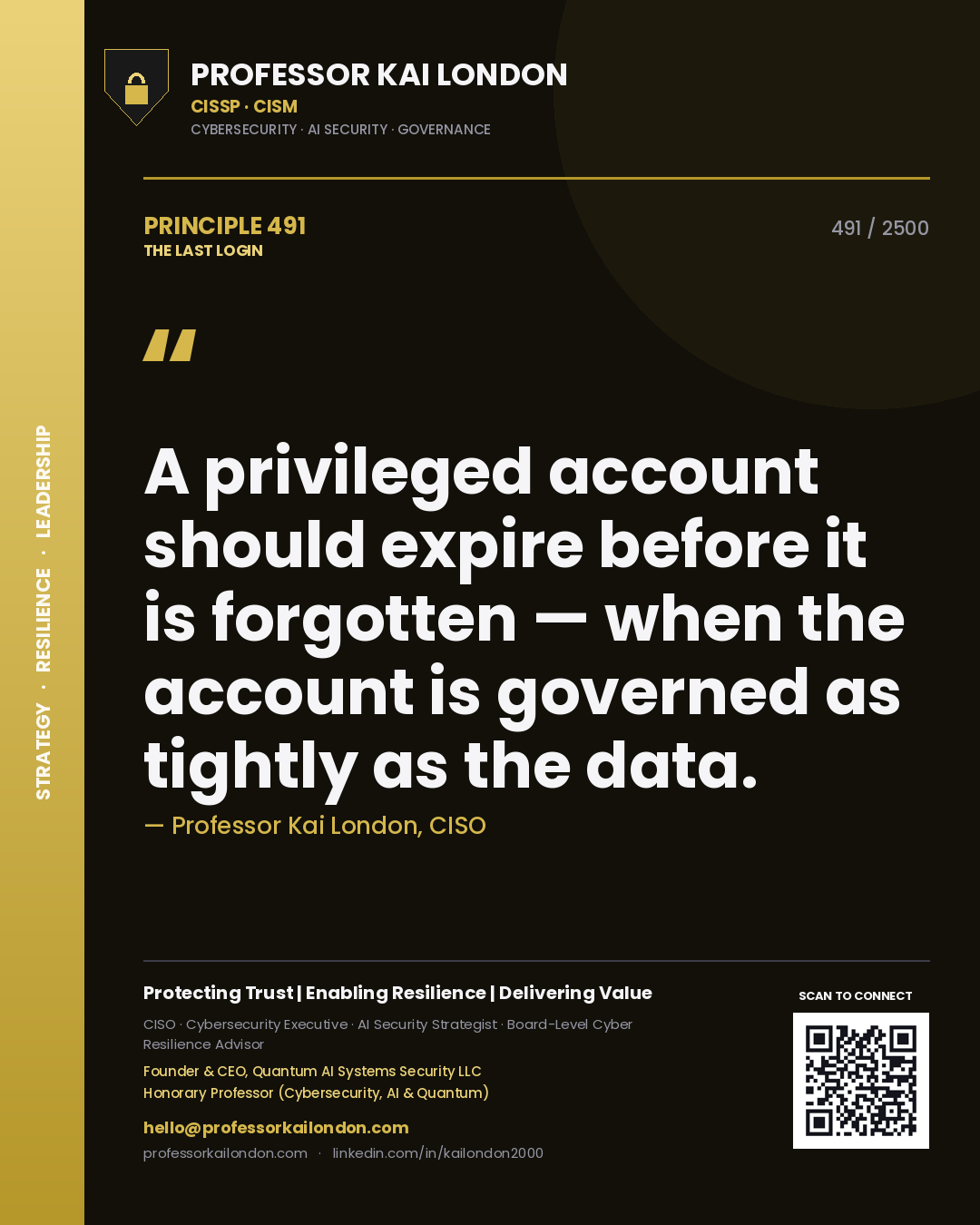 Professor Kai London principle 491: A privileged account should expire before it is forgotten — when the account is governed as tightly as the data.
