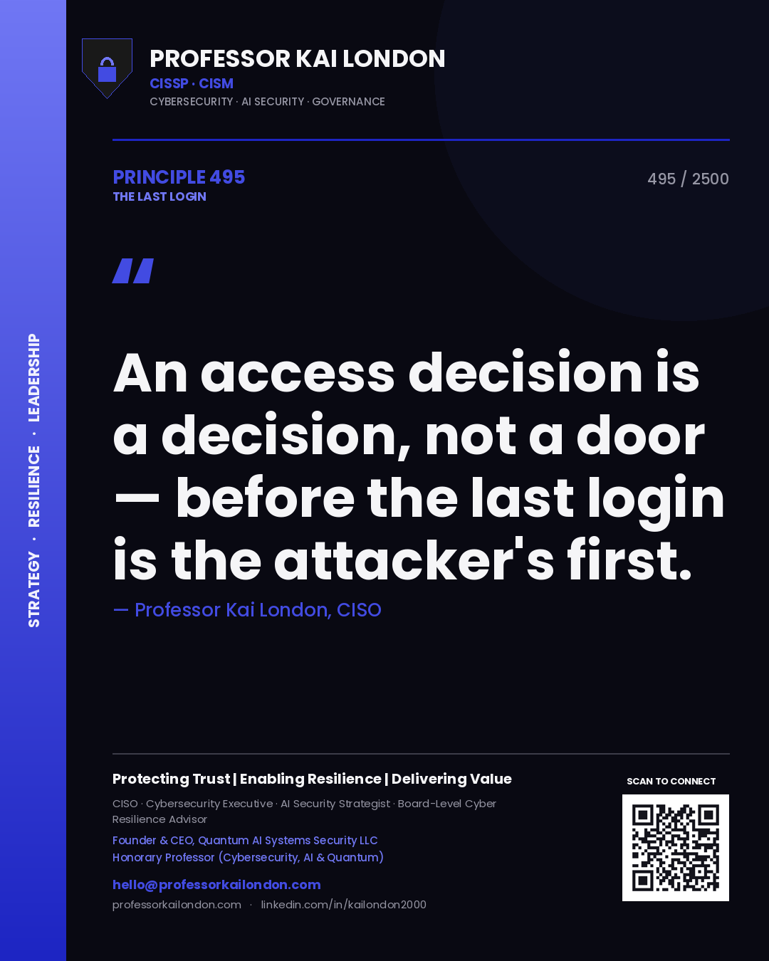 Professor Kai London principle 495: An access decision is a decision, not a door — before the last login is the attacker's first.