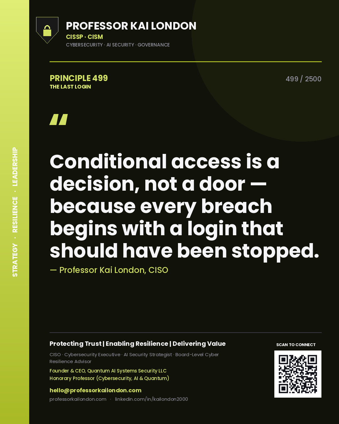 Professor Kai London principle 499: Conditional access is a decision, not a door — because every breach begins with a login that should have been stopped.