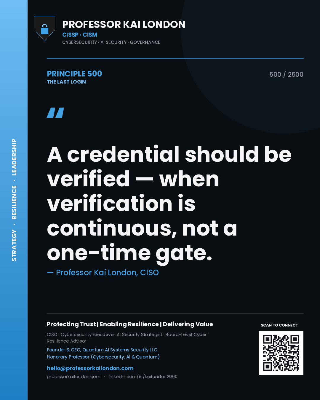 Professor Kai London principle 500: A credential should be verified — when verification is continuous, not a one-time gate.