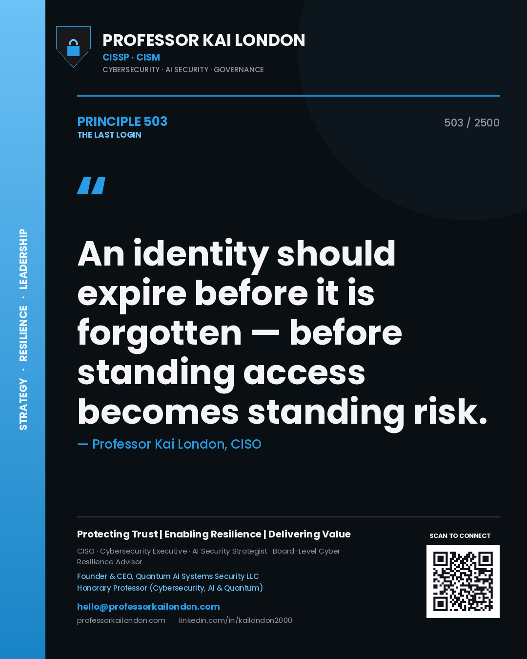 Professor Kai London principle 503: An identity should expire before it is forgotten — before standing access becomes standing risk.