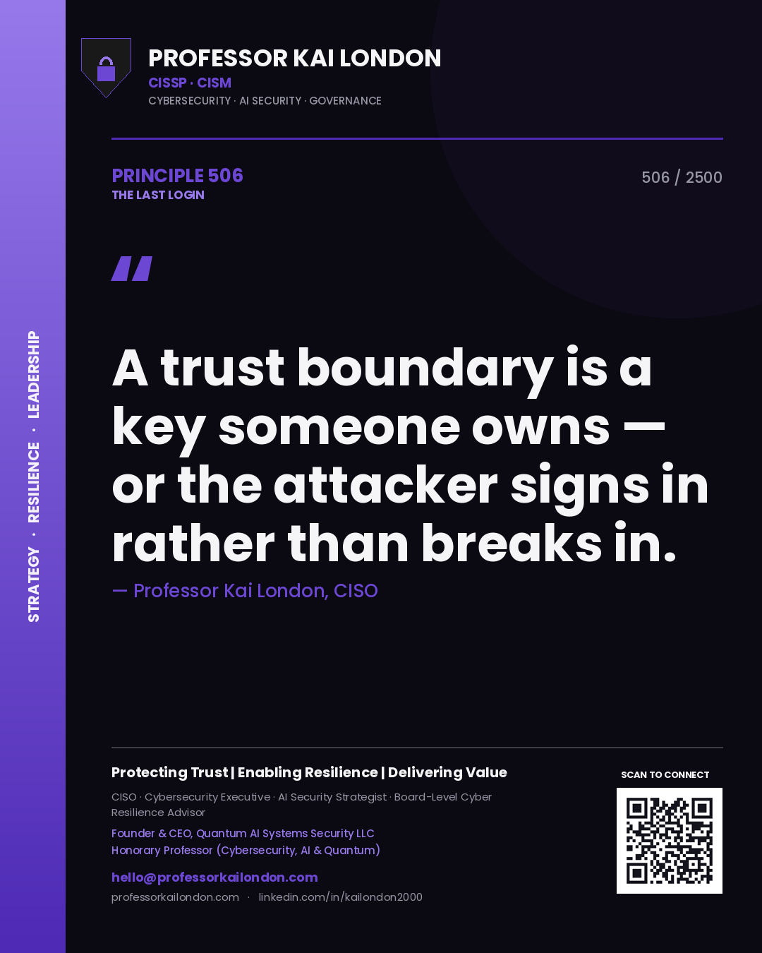 Professor Kai London principle 506: A trust boundary is a key someone owns — or the attacker signs in rather than breaks in.