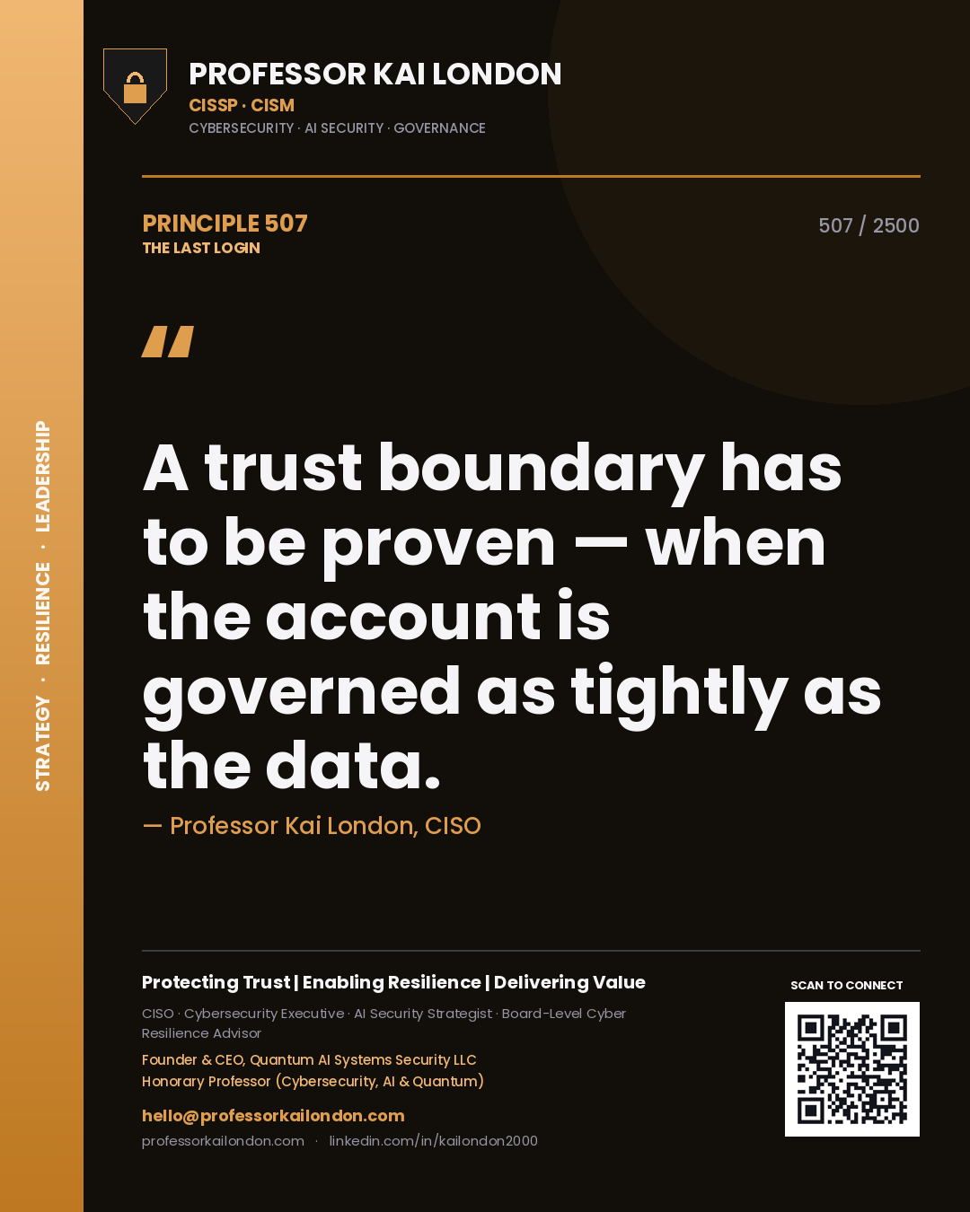 Professor Kai London principle 507: A trust boundary has to be proven — when the account is governed as tightly as the data.