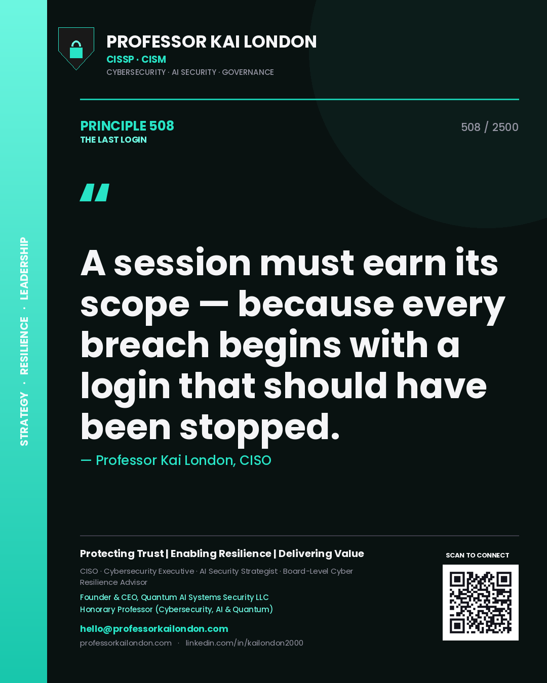 Professor Kai London principle 508: A session must earn its scope — because every breach begins with a login that should have been stopped.