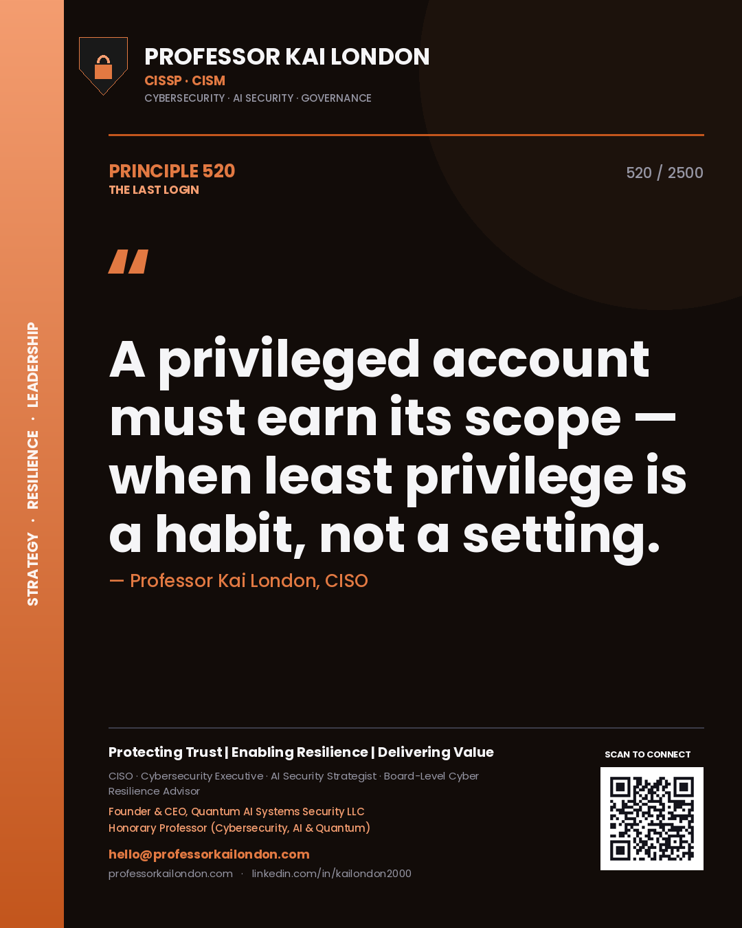 Professor Kai London principle 520: A privileged account must earn its scope — when least privilege is a habit, not a setting.