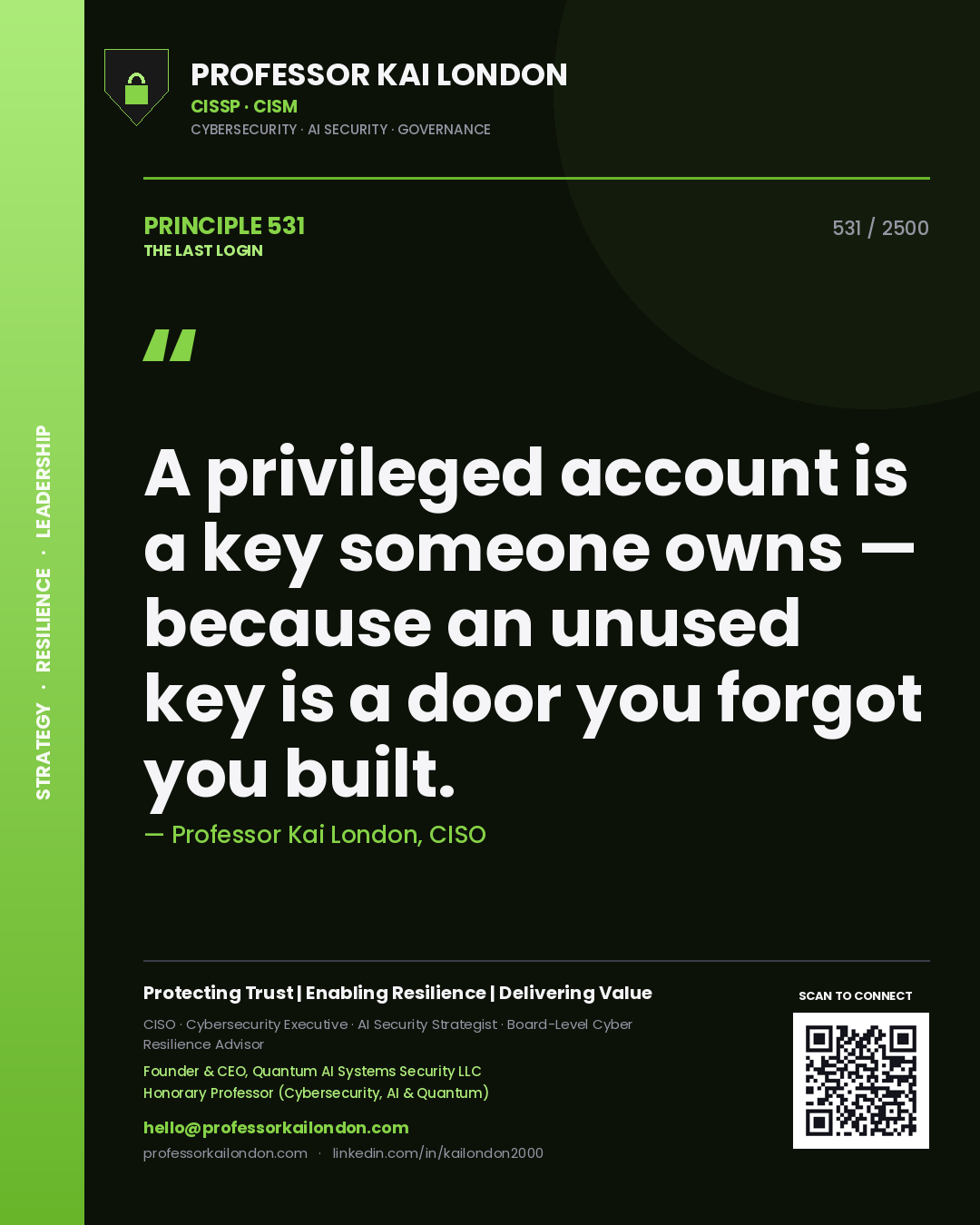 Professor Kai London principle 531: A privileged account is a key someone owns — because an unused key is a door you forgot you built.