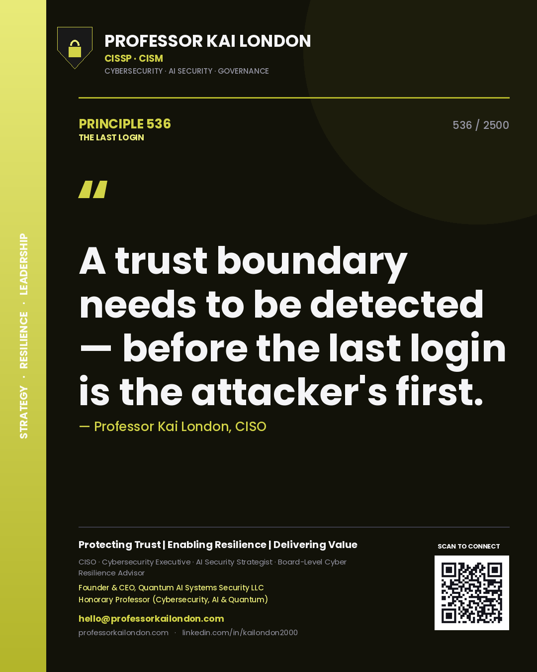 Professor Kai London principle 536: A trust boundary needs to be detected — before the last login is the attacker's first.